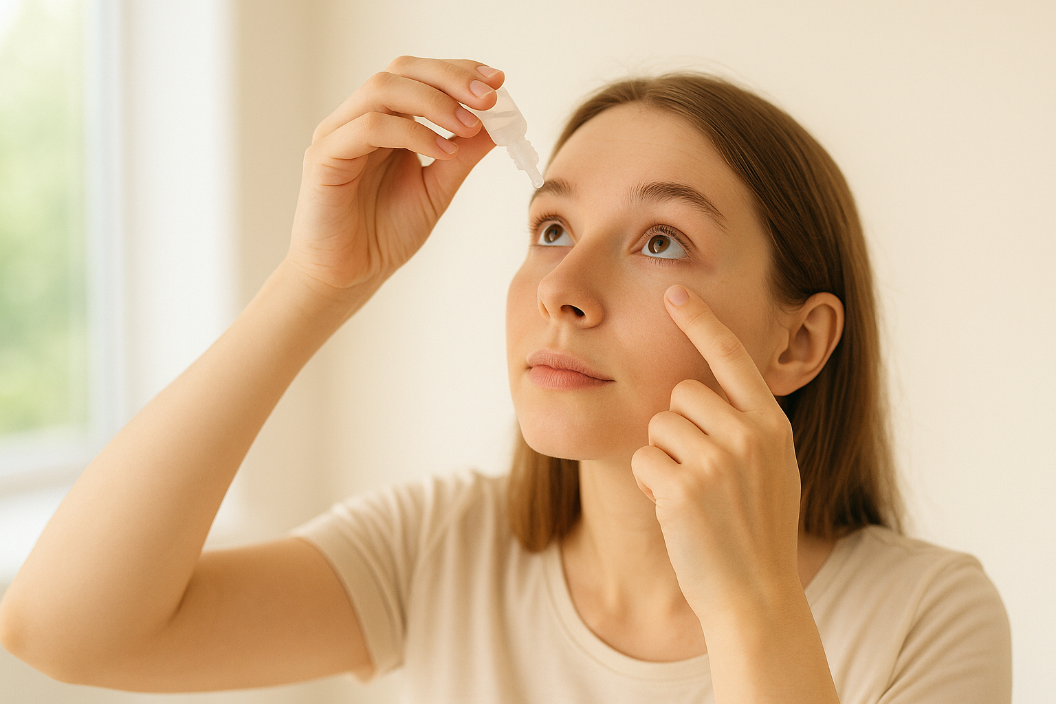 Mujer aplicando lágrimas artificiales en casa, en un entorno limpio y luminoso.