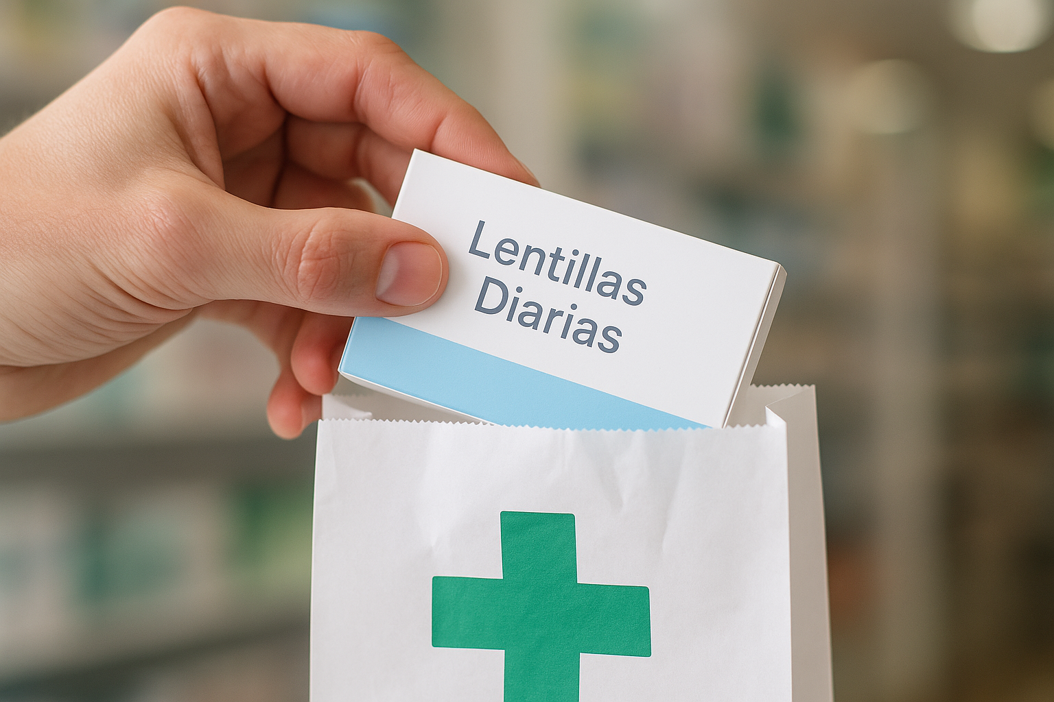 Caja de lentillas OpticVue siendo guardada en una bolsa de farmacia.