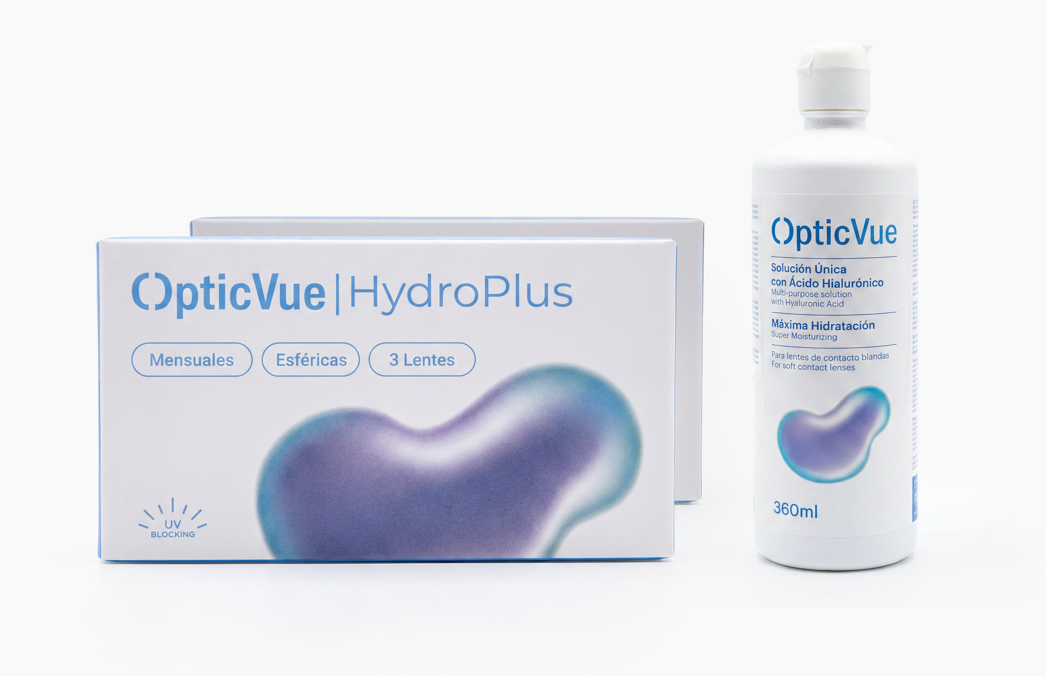 Lentillas Mensuales para miopía HydroPlus pack de 3 lentes y solución OpticVue HydroPlus.